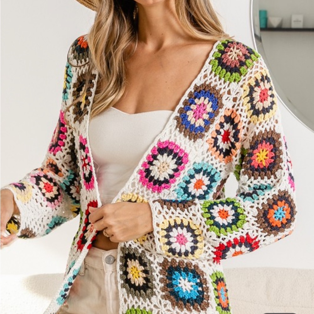 Handmade Granny Square Crochet Cardigan, swim suit cover up/ long cardig… - Picture 6 of 16
